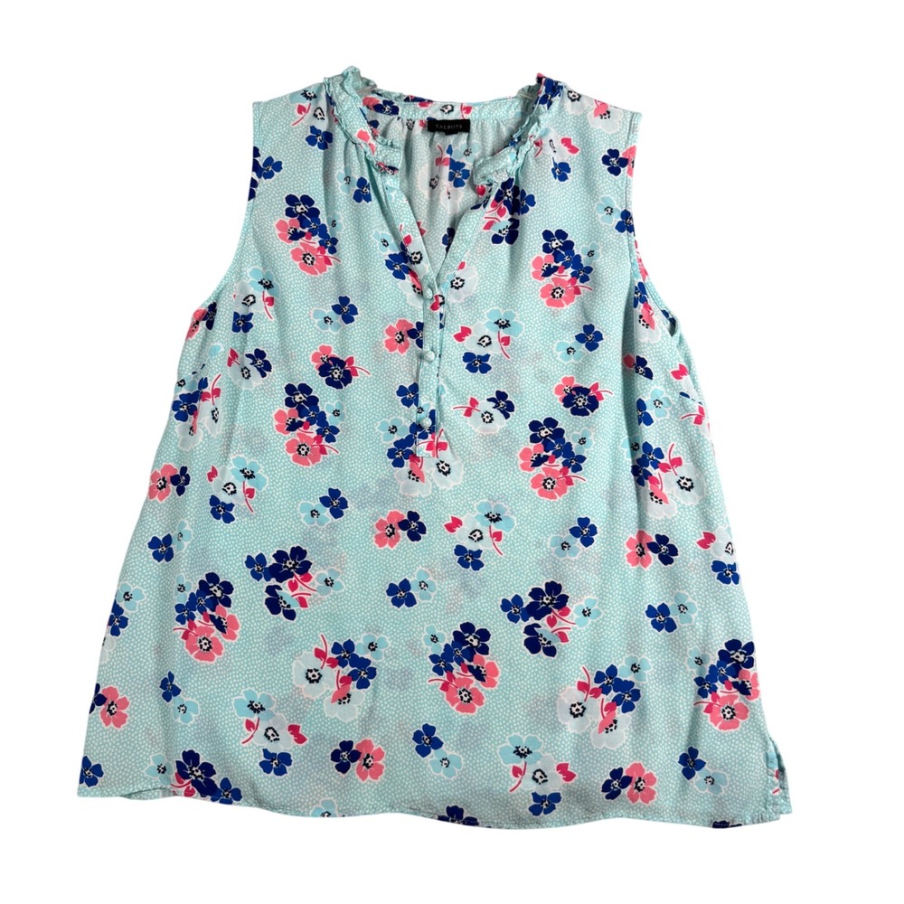 Talbots Shirt Blue Floral Print Sleeveless Buttons Blouse Casual Cute Size Large
